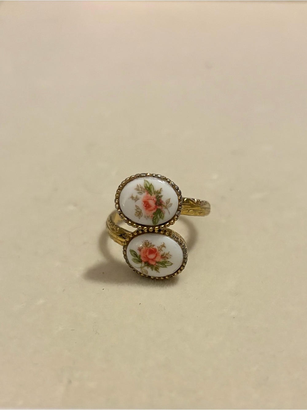 Vintage Sarah Coventry Sweet Briar Porcelain Rose Ring Adjustable- Cottagecore